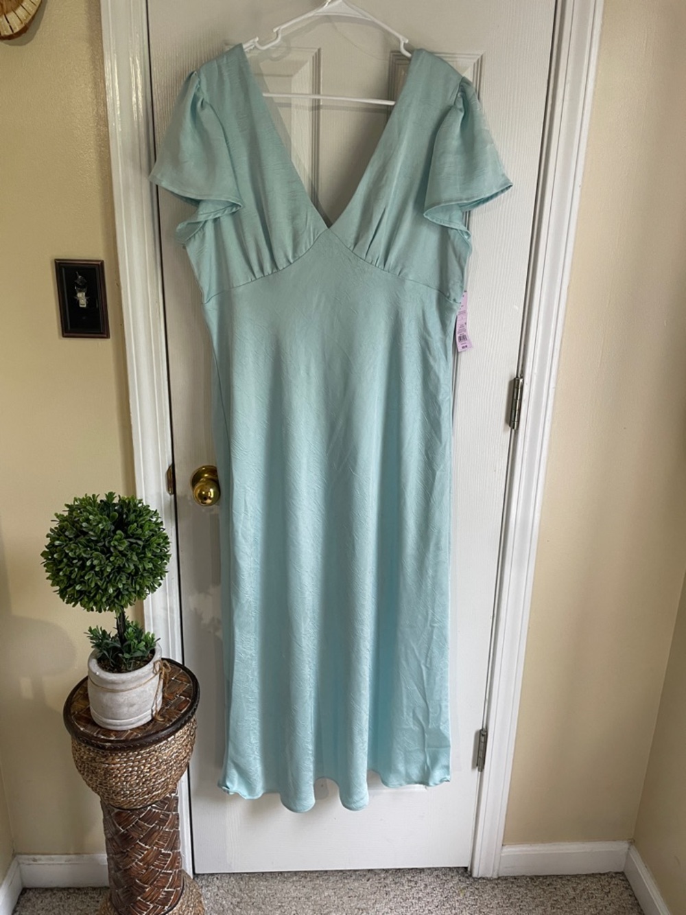 Wild Fable Light Blue Coquette Satin V-Neck Midi Dress with Flutter Sleeves